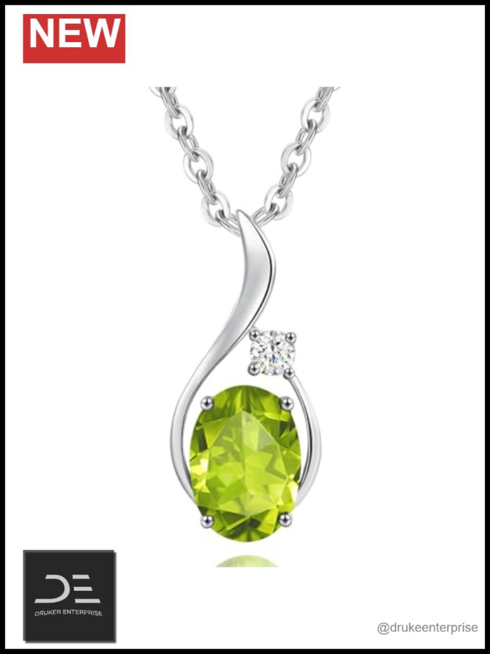 14K Solid White Gold Oval Peridot Pendant Necklace with Diamond for Birthstone